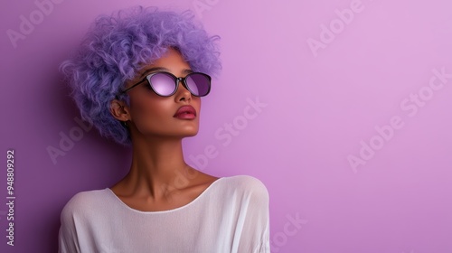 A person with lavender-colored hair stands against a matching lilac background, wearing glasses and a white top, blending seamlessly into the pastel-themed setting. photo