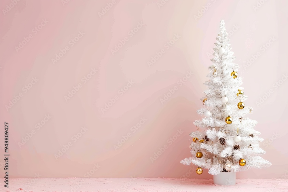 Minimalistic white Christmas tree on the right side with gold accents, set against a light pink background Minimalistic white Christmas tree on the right side with gold accents, set against a light pink background