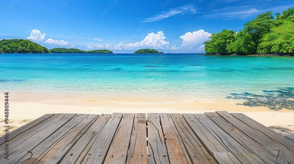 Fototapeta premium panoramic view of a pristine tropical beach with crystalclear turquoise waters white sand and lush green islands in the distance featuring a wooden table in the foreground