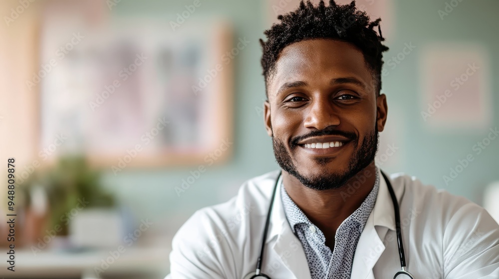 Portrait of a smiling male doctor wearing a white coat and stethoscope, radiating confidence and professionalism in a clinical setting with a blurred background. Portrait of a smiling male doctor wearing a white coat and stethoscope, radiating confidence and professionalism in a clinical setting with a blurred background.