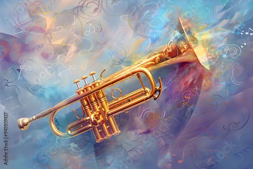 Radiant Gold Trumpet Surrounded by Vibrant Musical Notes Against a Dynamic Blue and Purple Gradient Background