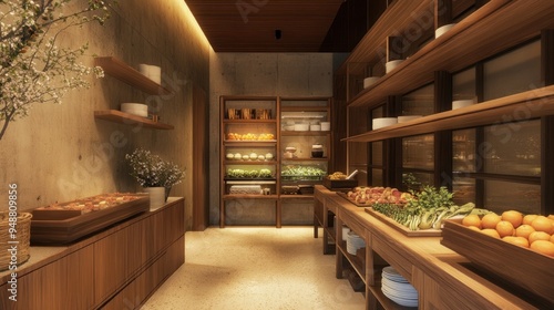 Modern wooden kitchen counter with fruits, vegetables, and shelves.