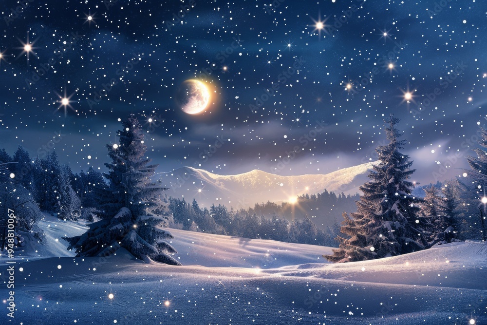 Magical Christmas background with sparkling stars, moon, and snowy landscape Magical Christmas background with sparkling stars, moon, and snowy landscape
