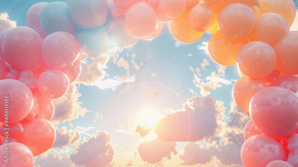 pastel balloon arch framing a dreamy sky soft clouds golden sunburst delicate color gradient ethereal atmosphere pastel balloon arch framing a dreamy sky soft clouds golden sunburst delicate color gradient ethereal atmosphere