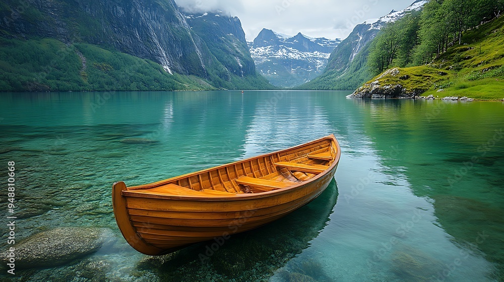 Wooden boat on a calm lake surrounded by mountains and forest. Wooden boat on a calm lake surrounded by mountains and forest.