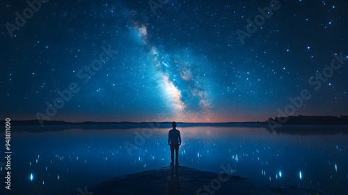 Serene Nightscape with Starry Reflections, a tranquil lake mirrors the celestial wonders above, creating a harmonious blend of water and sky illuminated by twinkling stars.