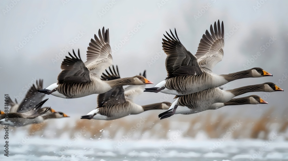 A flock of geese fly in formation over a snowy landscape A flock of geese fly in formation over a snowy landscape