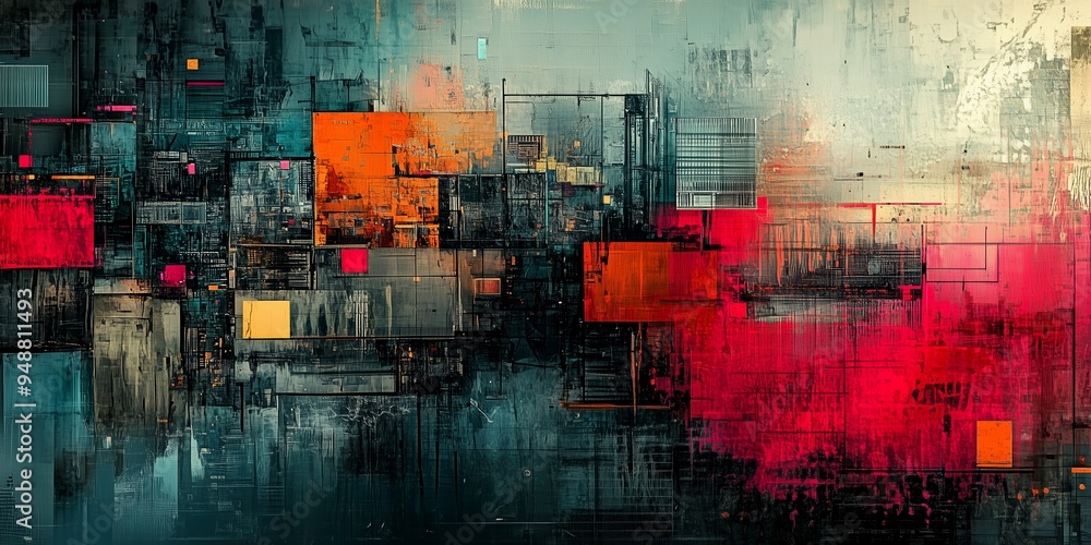 Obraz premium A visually engaging digital collage combining various textures and geometric shapes in a colorful and modern abstract design, Abstract, Digital Collage, Textures