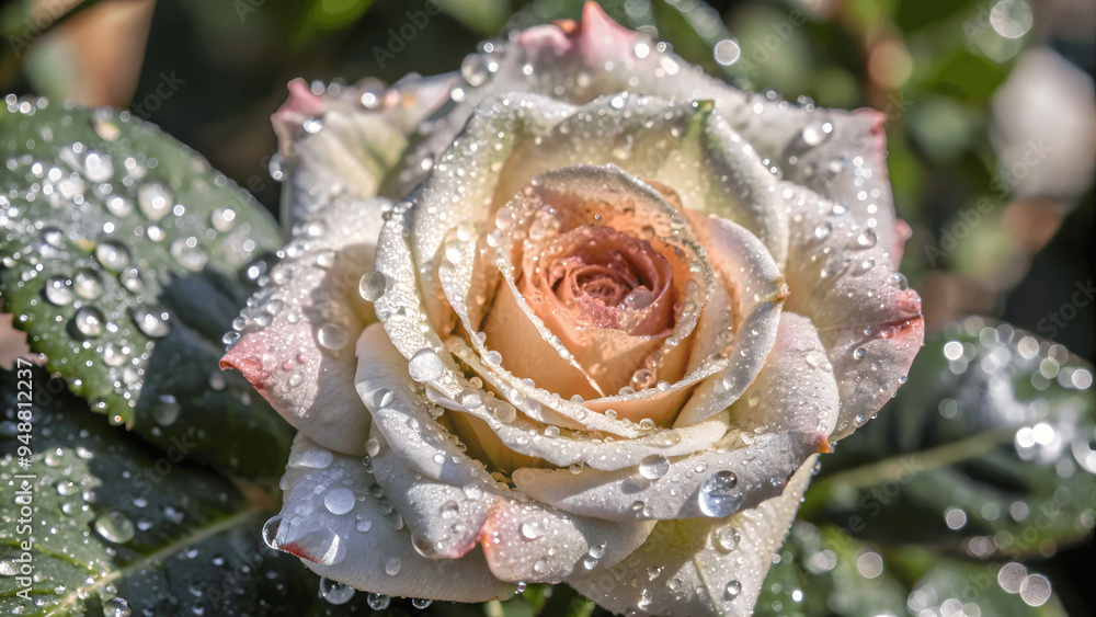 A macro shot of a dewy rose with water droplets glistening on the petals A macro shot of a dewy rose with water droplets glistening on the petals