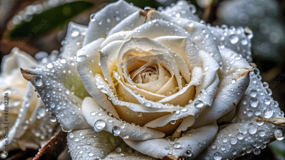 A macro shot of a dewy rose with water droplets glistening on the petals A macro shot of a dewy rose with water droplets glistening on the petals