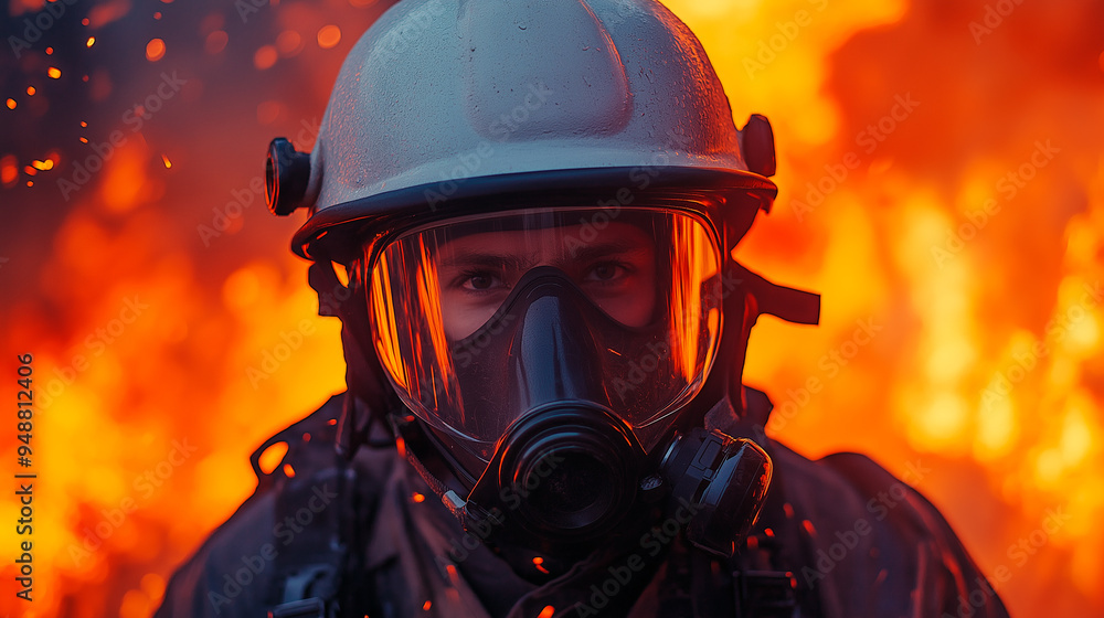 Portrait of a firefighter with helmet in a place full of flames and high fire. Firefighter trying to put out a fire on blurred background. Portrait of a firefighter with helmet in a place full of flames and high fire. Firefighter trying to put out a fire on blurred background.