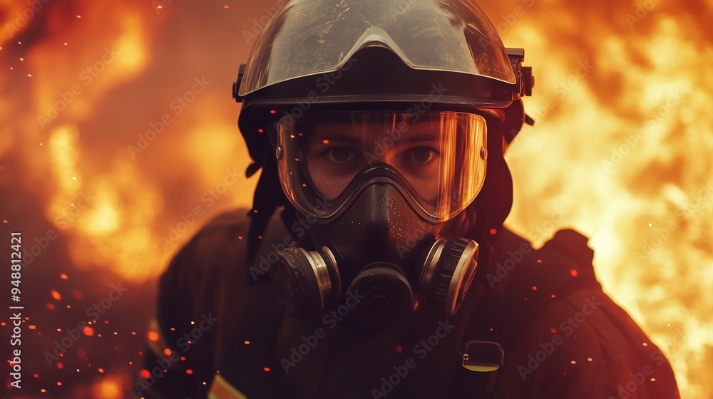 Portrait of a firefighter with helmet in a place full of flames and high fire. Firefighter trying to put out a fire on blurred background. Portrait of a firefighter with helmet in a place full of flames and high fire. Firefighter trying to put out a fire on blurred background.