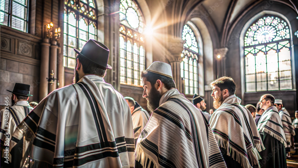 Naklejka premium Jewish Men in Tallit Praying During Rosh Hashanah Synagogue Service