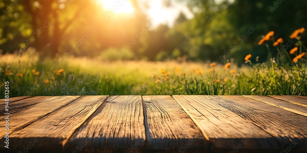 Wooden table with blurred background of a sunny meadow. Wooden table with blurred background of a sunny meadow.