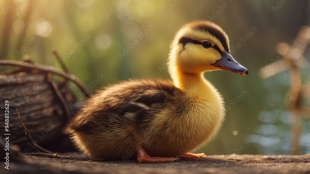 Obraz premium Cute little duckling on a rustic background.