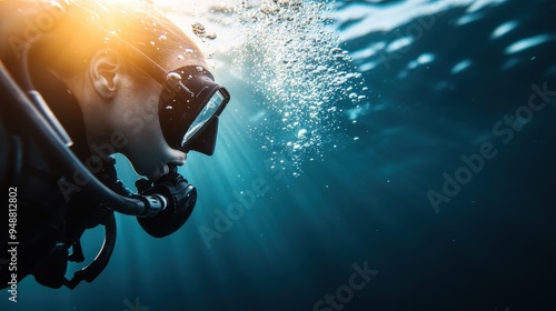 Close-up of a female scuba diver underwater with bubbles rising around her, creating a sense of adventure, exploration, and the serene beauty of underwater life. photo