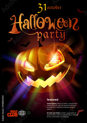 Halloween party poster template design. Angry Halloween pumpkin with shining disco ball in eye, club lights, flying bats. Editable EPS 10 vector file