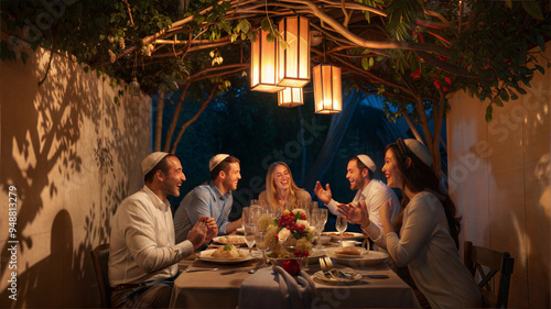 Family Enjoying Sukkot Dinner Under a Lantern-Lit Sukkah at Night