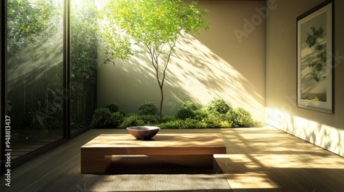 Minimalist zen interior design with wooden floor and a potted plant. photo