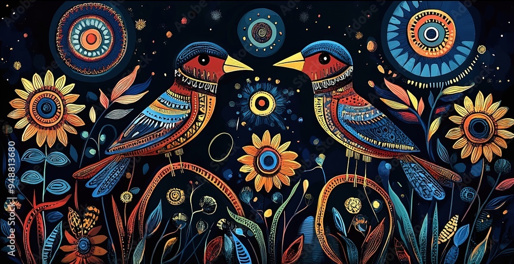 Naklejka premium Artistic representation of birds in an African Ndebele art style, using intricate patterns and vibrant colors to depict them amidst flowers on the ground.