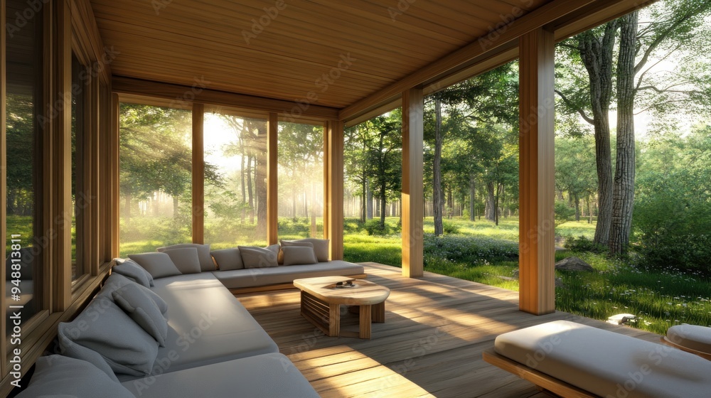 Modern wooden porch with comfy seating overlooking a lush green forest. Modern wooden porch with comfy seating overlooking a lush green forest.