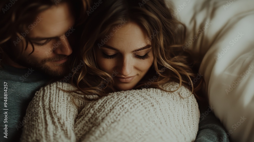 A couple embraces gently, wrapped in cozy sweaters, creating a warm and loving atmosphere. Their peaceful expressions reflect their comfort and intimacy together. A couple embraces gently, wrapped in cozy sweaters, creating a warm and loving atmosphere. Their peaceful expressions reflect their comfort and intimacy together.