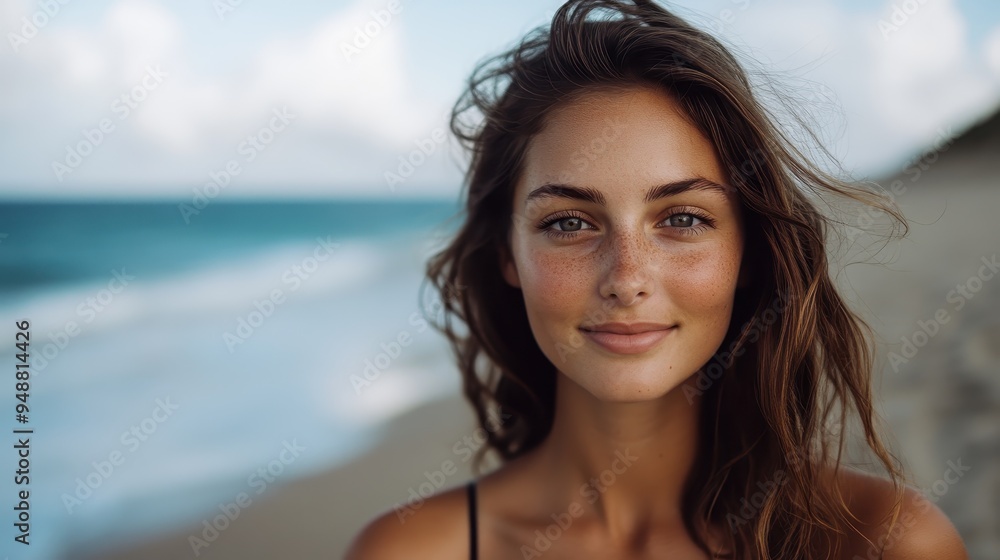 A woman stands on a beach, her hair windblown, and she appears relaxed and happy. The scene captures the essence of freedom, joy, and connection with nature. A woman stands on a beach, her hair windblown, and she appears relaxed and happy. The scene captures the essence of freedom, joy, and connection with nature.