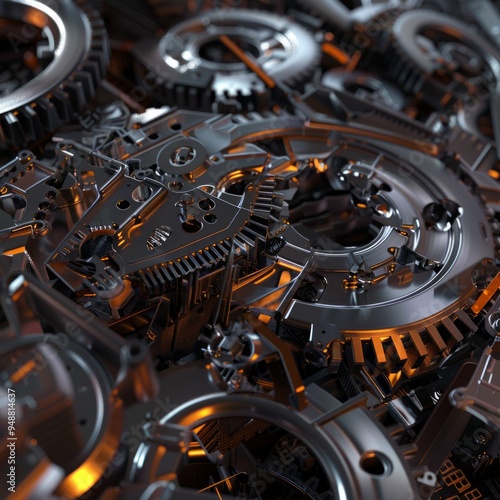 Close-up of intricate metallic gears interlocked, showcasing mechanical complexity.