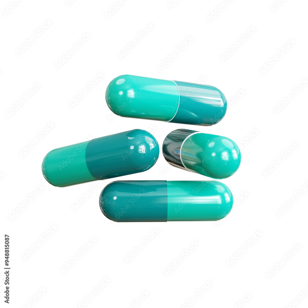 PSD Medicine pills capsule stack 3D rendered with transparent background graphics elements.