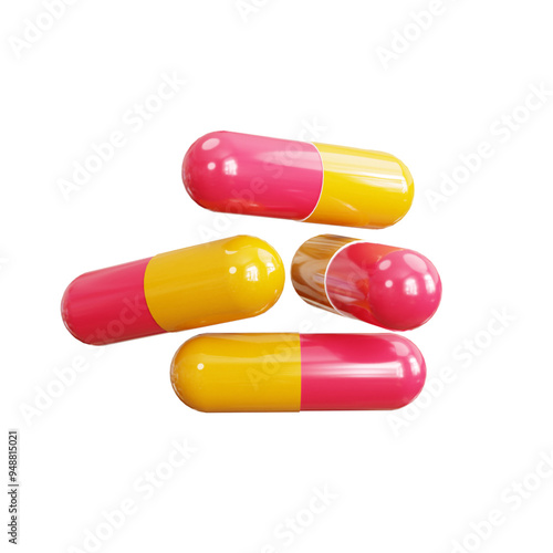 PSD Medicine pills capsule stack 3D rendered with transparent background graphics elements.