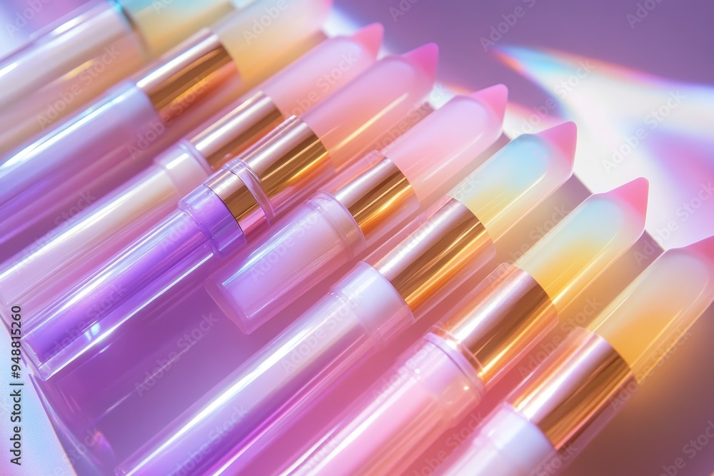 Close-up of pastel lipsticks with gradient tones and gold accents. Close-up of pastel lipsticks with gradient tones and gold accents.