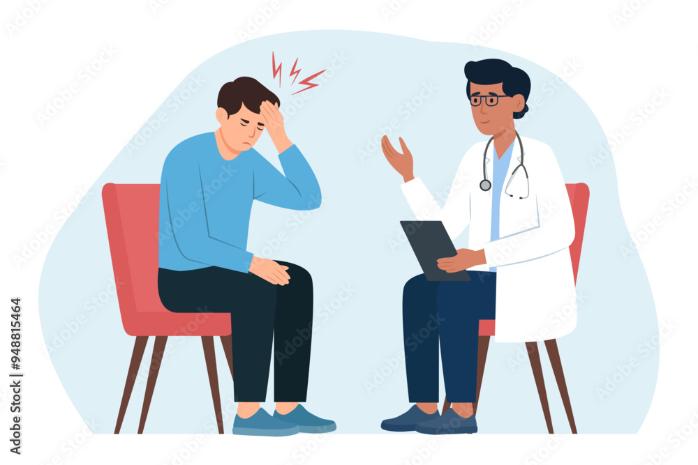 The patient and the doctor are talking in the office. Man with headache visits doctor. Physician consults patient, diagnoses, prescribes treatment.Vector flat illustration. The patient and the doctor are talking in the office. Man with headache visits doctor. Physician consults patient, diagnoses, prescribes treatment.Vector flat illustration.