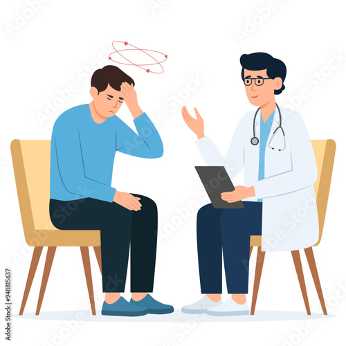  Man with vertigo visits doctor. Physician consults patient, diagnoses, prescribes treatment.Vector flat  illustration.