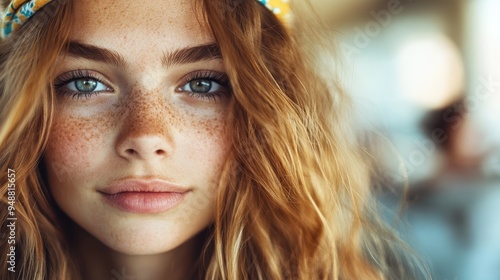 A close-up portrait of a young girl with freckles and flowing brown hair, looking directly at the camera with an intense gaze, showcasing natural beauty and innocence. photo