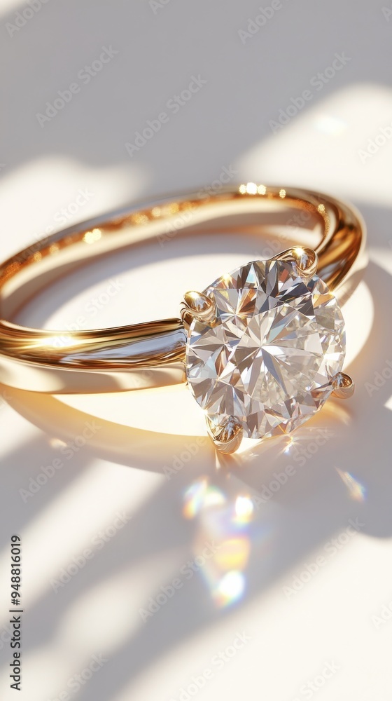 Elegant Close-Up ofBrilliant Diamond Ring onWhite BackgroundShadows Elegant Close-Up ofBrilliant Diamond Ring onWhite BackgroundShadows