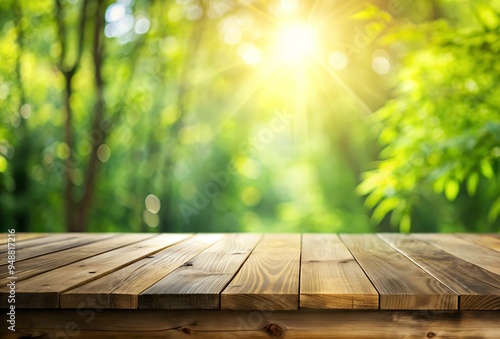 Empty Wooden Tabletop with Blurred Nature Background for Outdoor Design Projects And Product Display