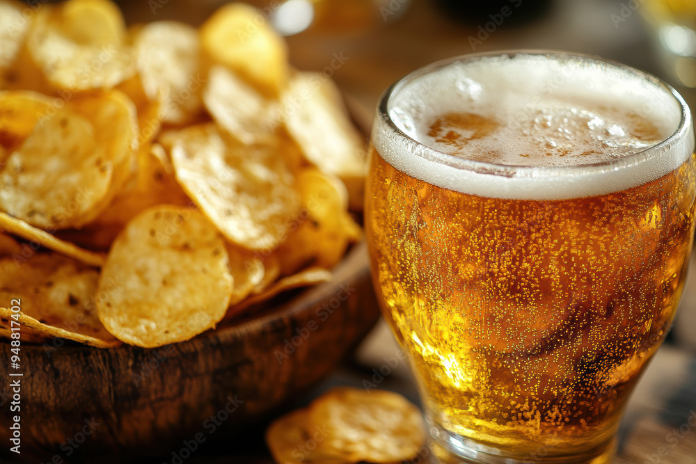 Crispy Chips and Cold Beer Close-Up Crispy Chips and Cold Beer Close-Up