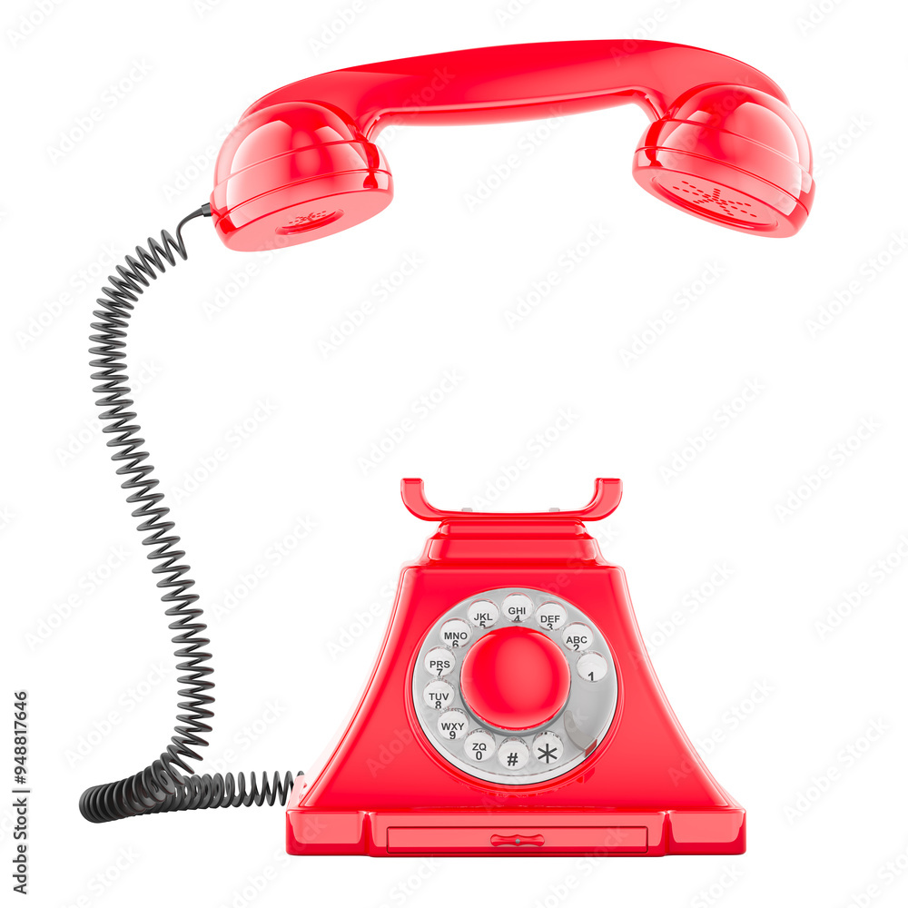 © alexlmx - Red vintage phone with lifted handset receiver. 3D rendering isolated on transparent background © alexlmx - Red vintage phone with lifted handset receiver. 3D rendering isolated on transparent background