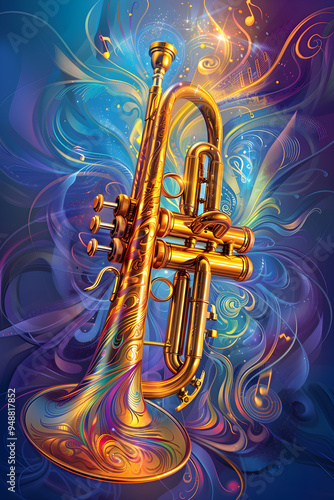 Radiant Gold Trumpet Surrounded by Vibrant Musical Notes Against a Dynamic Blue and Purple Gradient Background