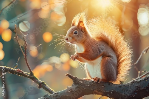 Fototapeta A squirrel is sitting on a tree branch, generative ai image