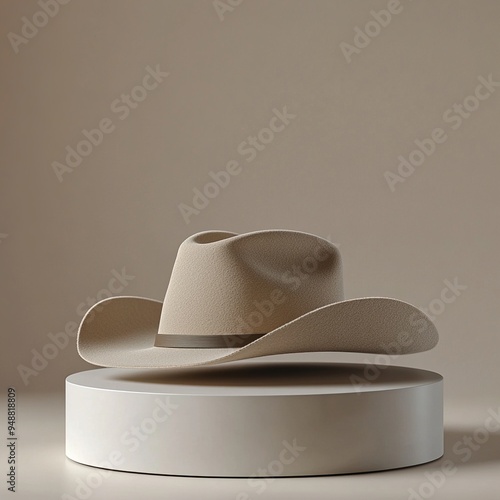 Elegant beige cowboy hat displayed on a circular podium with a neutral background