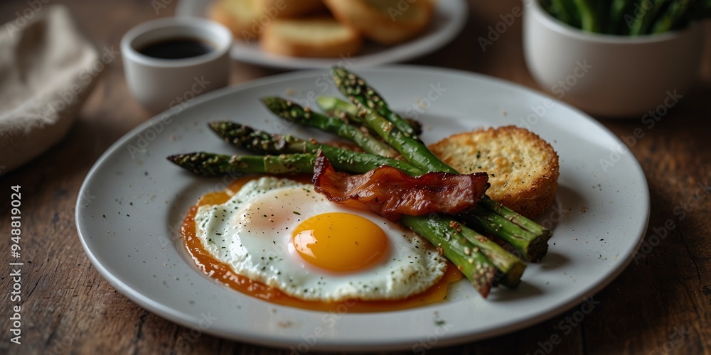 delicious breakfast a plate with fried asparagus bacon and fried eggs. delicious breakfast a plate with fried asparagus bacon and fried eggs.