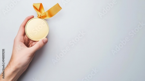 Close up of Hand Holding Gleaming Gold Medal with Ribbon on White Background photo