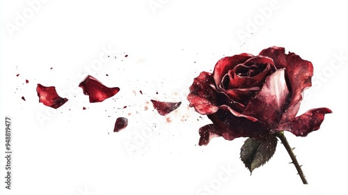 A striking image of a red rose with petals delicately falling away, set against a clean white background. Ideal for romantic or artistic designs.