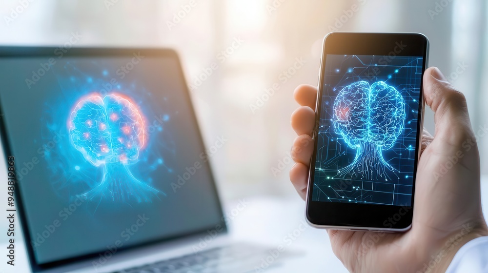 Person Searching the Internet for AI Related Information on a Laptop and Smartphone Person Searching the Internet for AI Related Information on a Laptop and Smartphone