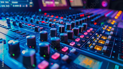 audio mixing console in recording studio