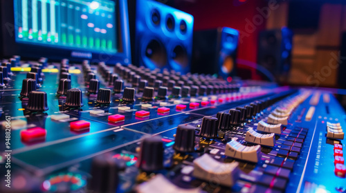 audio mixing console in recording studio