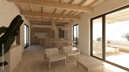 Modern living room with wooden furniture and large windows.