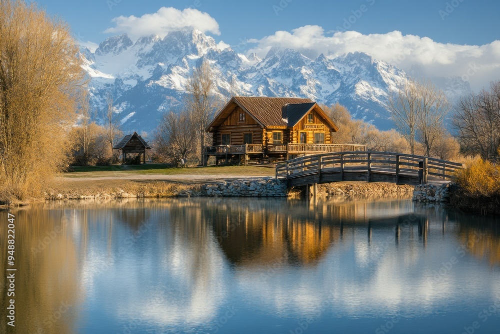Obraz premium Wooden Cabin and Bridge Reflecting in a Tranquil Mountain Lake