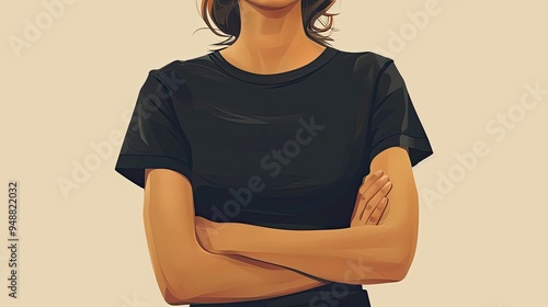 Woman sporting a black T-shirt, perfect for everyday wear. photo